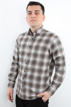 Önkal Gömlek Kahverengi Rengi Erkek Kışlık Uzun Kollu Klasik Geniş Kesim Gömlek ONK022