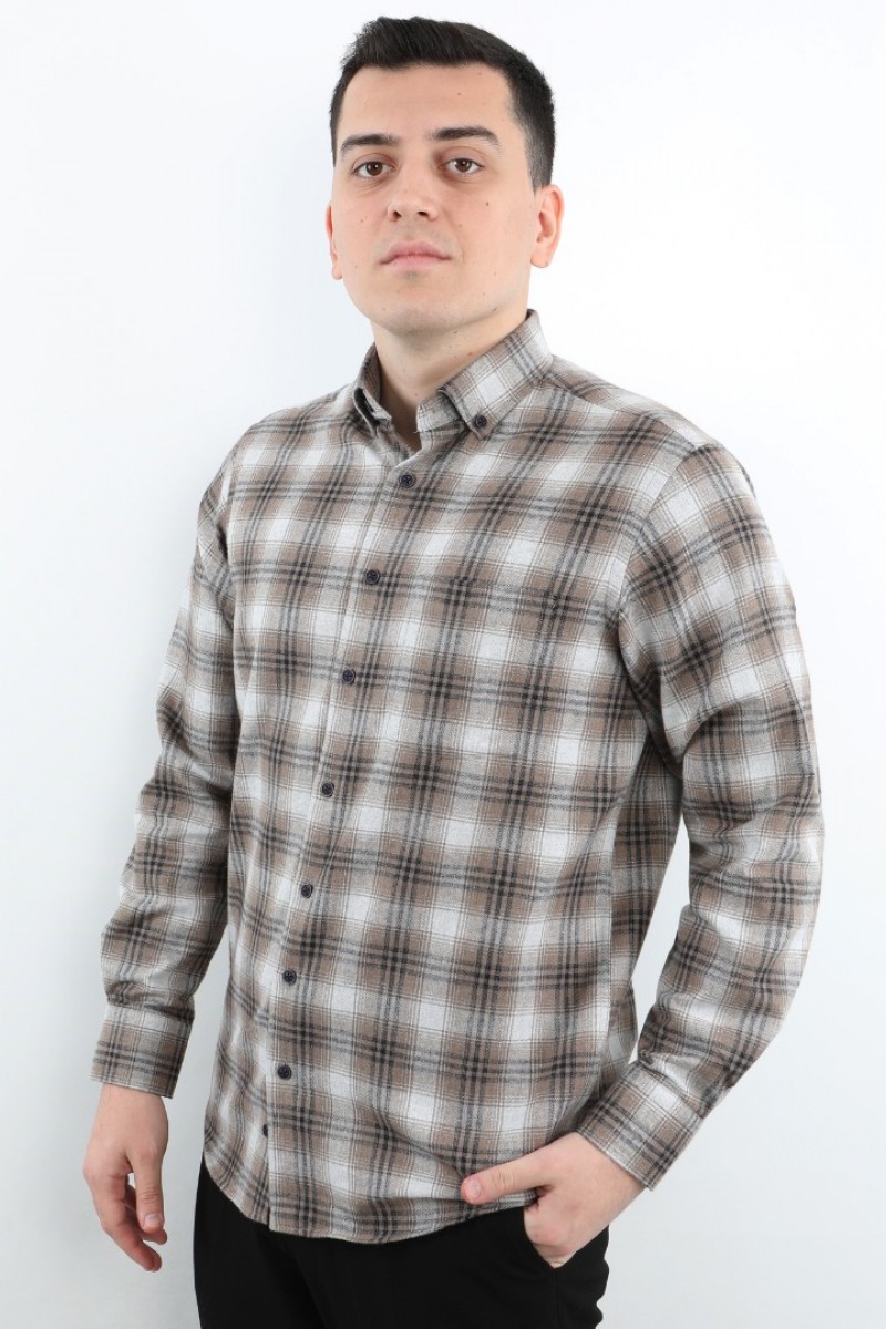 Önkal Gömlek Kahverengi Rengi Erkek Kışlık Uzun Kollu Klasik Geniş Kesim Gömlek ONK022