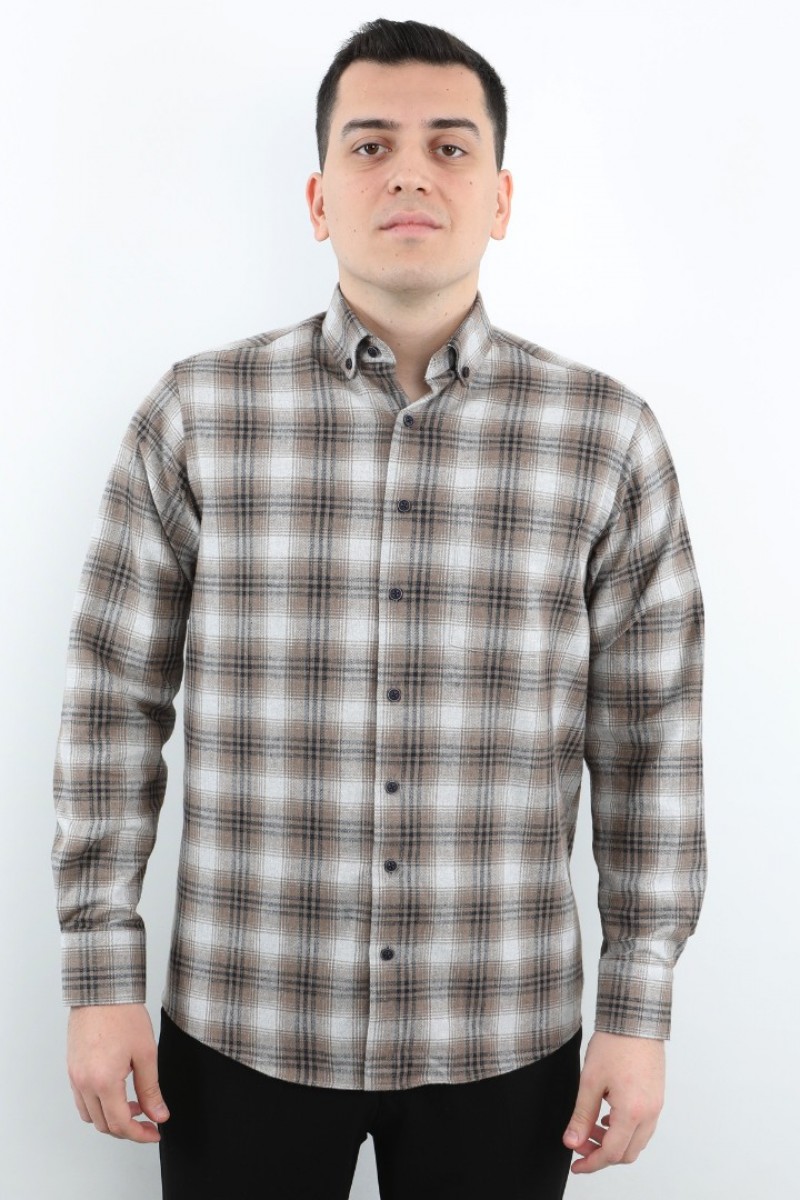 Önkal Gömlek Kahverengi Rengi Erkek Kışlık Uzun Kollu Klasik Geniş Kesim Gömlek ONK022
