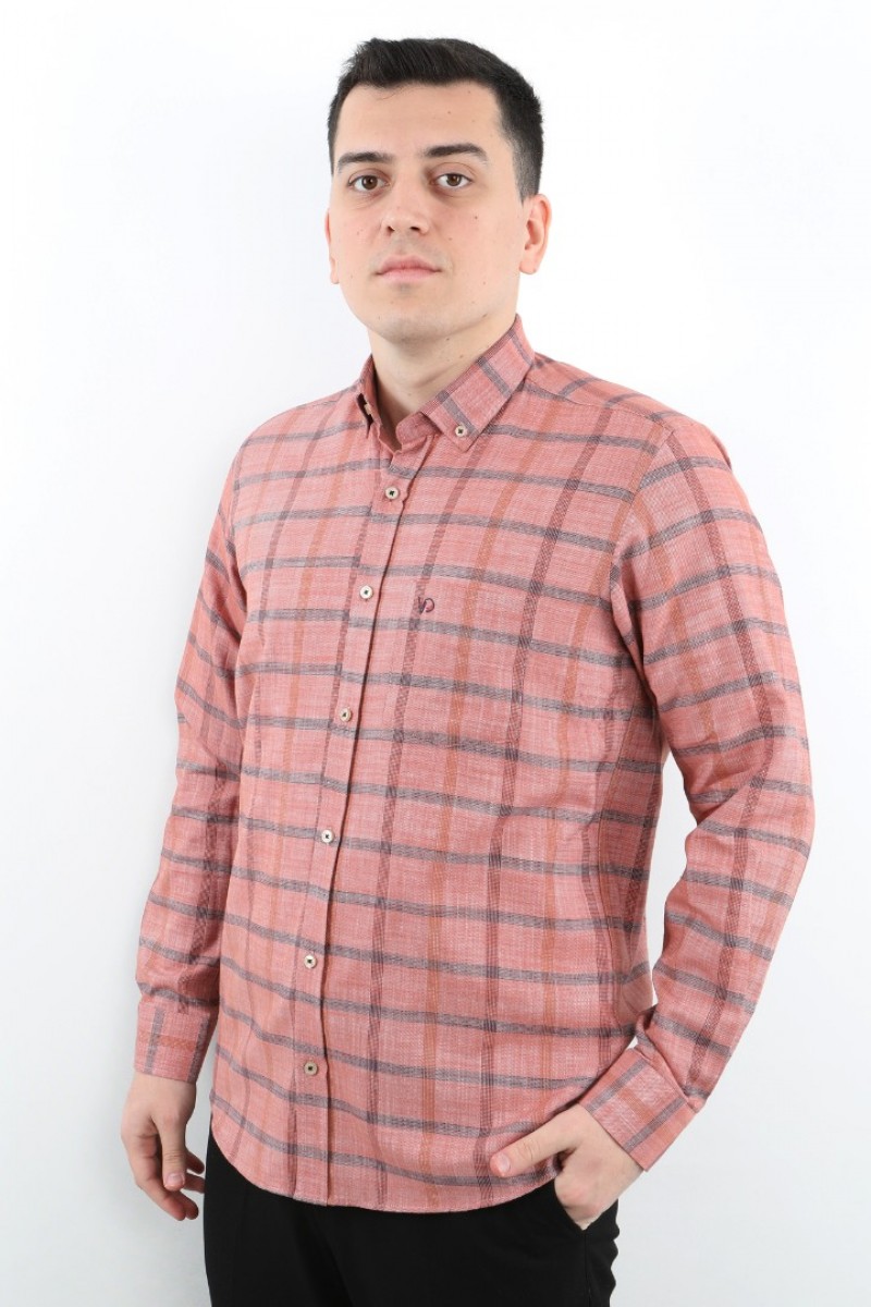 Önkal Gömlek Kırmızı Rengi Geniş Kesim Erkek Uzun Kollu %100 Pamuklu Gömlek  ONK039K