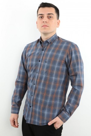 Önkal Gömlek Mavi Rengi Erkek Kışlık Pamuklu Uzun Kollu Geniş Kesim Gömlek ONK006M