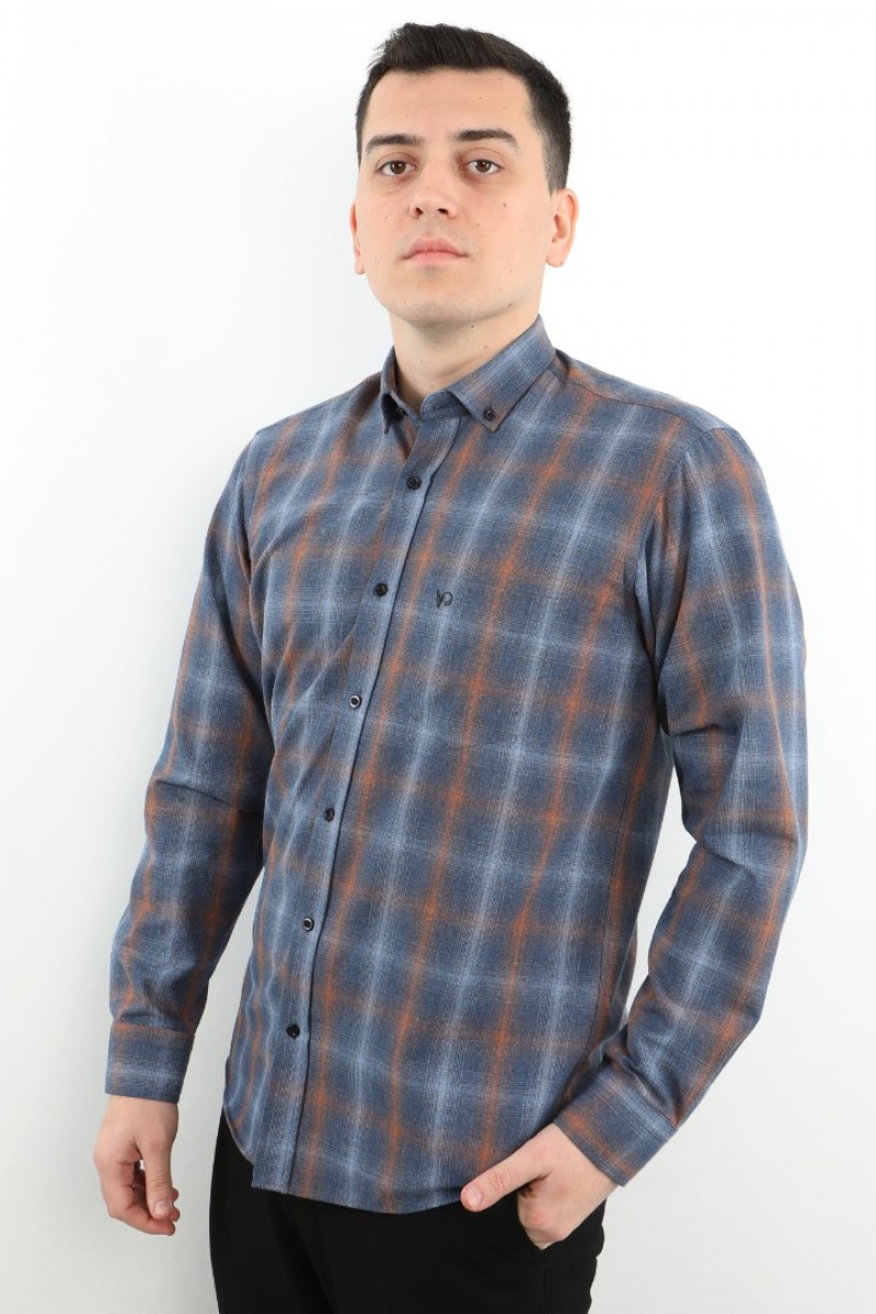 Önkal Gömlek Mavi Rengi Erkek Kışlık Pamuklu Uzun Kollu Geniş Kesim Gömlek ONK006M