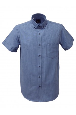 Önkal Gömlek Kendinden Çizgi Desenli İndigo Kısa Kollu Yakası Düğmeli Klasik Kesim Yazlık Erkek Gömlek