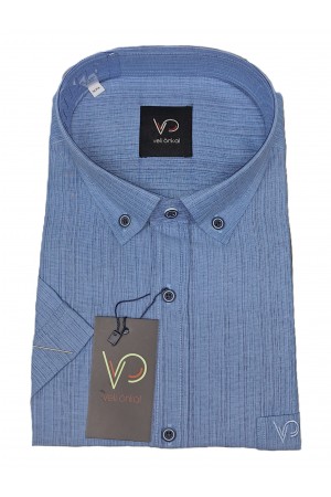 Önkal Gömlek Kendinden Çizgi Desenli İndigo Kısa Kollu Yakası Düğmeli Klasik Kesim Yazlık Erkek Gömlek