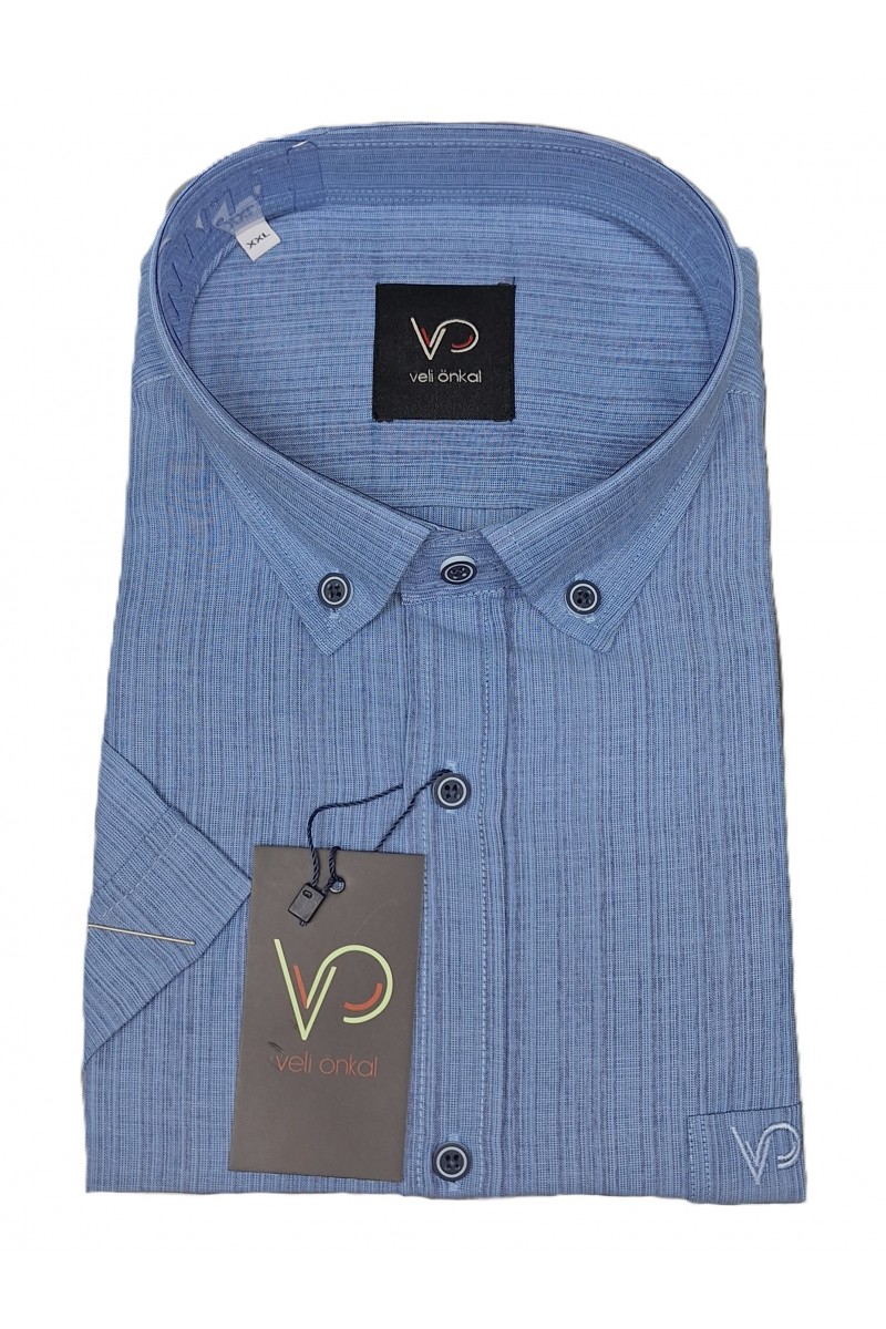 Önkal Gömlek Kendinden Çizgi Desenli İndigo Kısa Kollu Yakası Düğmeli Klasik Kesim Yazlık Erkek Gömlek